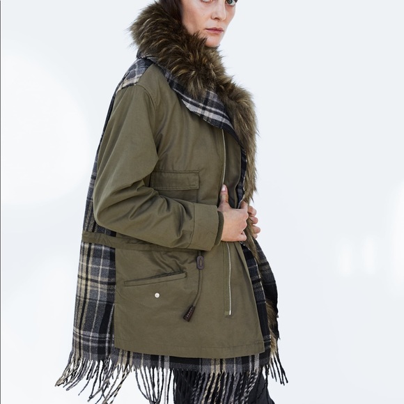 ZARA CONTRAST CHECKED FAUX FUR PARKA COAT JACKET NEW WITH TAGS SIZE XS KHAKI - Picture 9 of 13